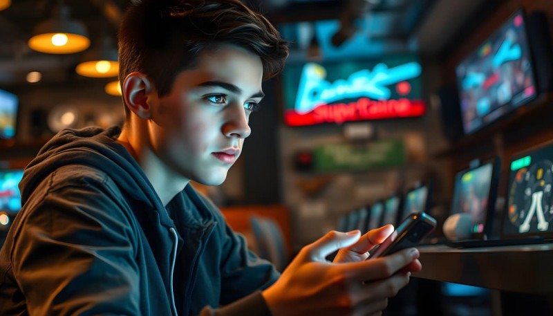 lustrasi: Young man looking at smart phone at cybercafe - Magnific