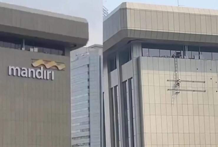 Potret Gedung Bank Mandiri di Jakarta Pusat sebelum dan sesudah logo dilepas. Sumber: X
